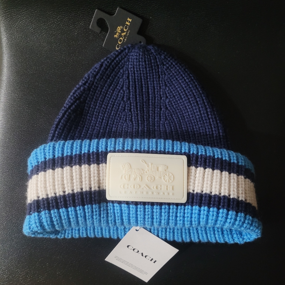 NWT Coach Varsity stripe beanie,hat,wool blend,blue